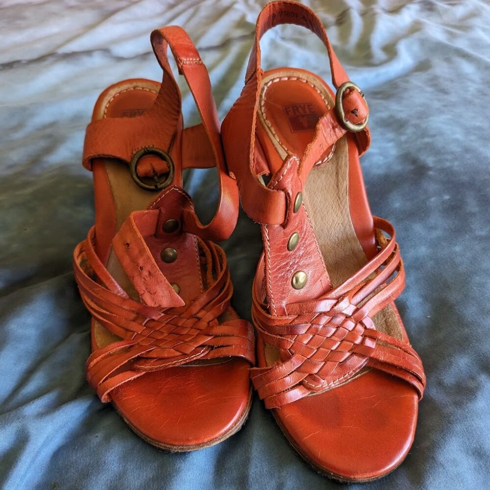 Frye Orange Leather Wooden Wedge Gabriella Sandals